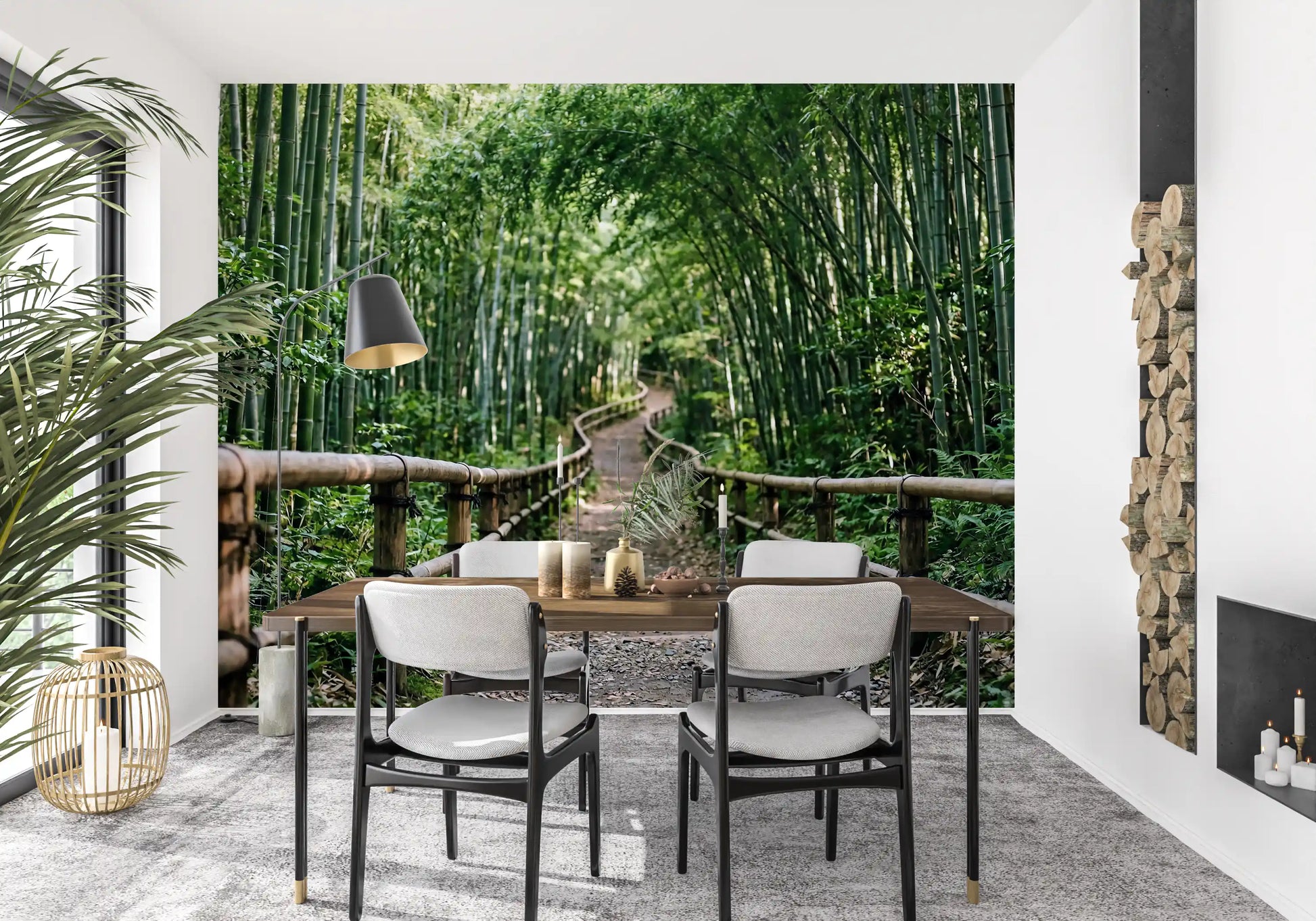 Tall bamboo stalks line both sides of a winding path on this serene wall mural.