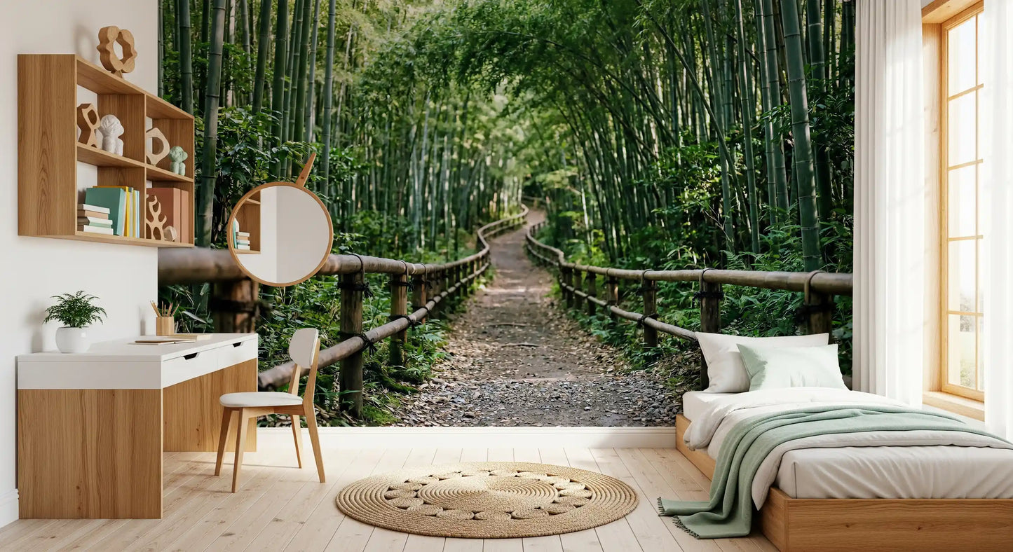 Wooden bamboo railings edge the forest walkway in this peaceful wall mural.