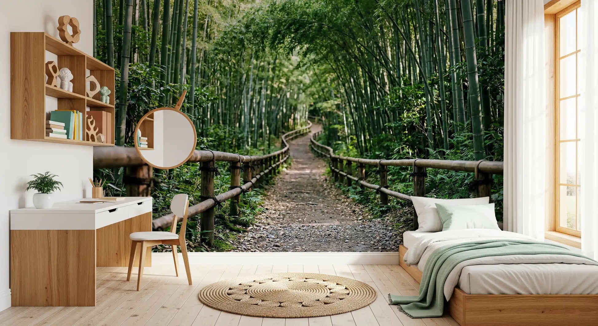 Wooden bamboo railings edge the forest walkway in this peaceful wall mural.