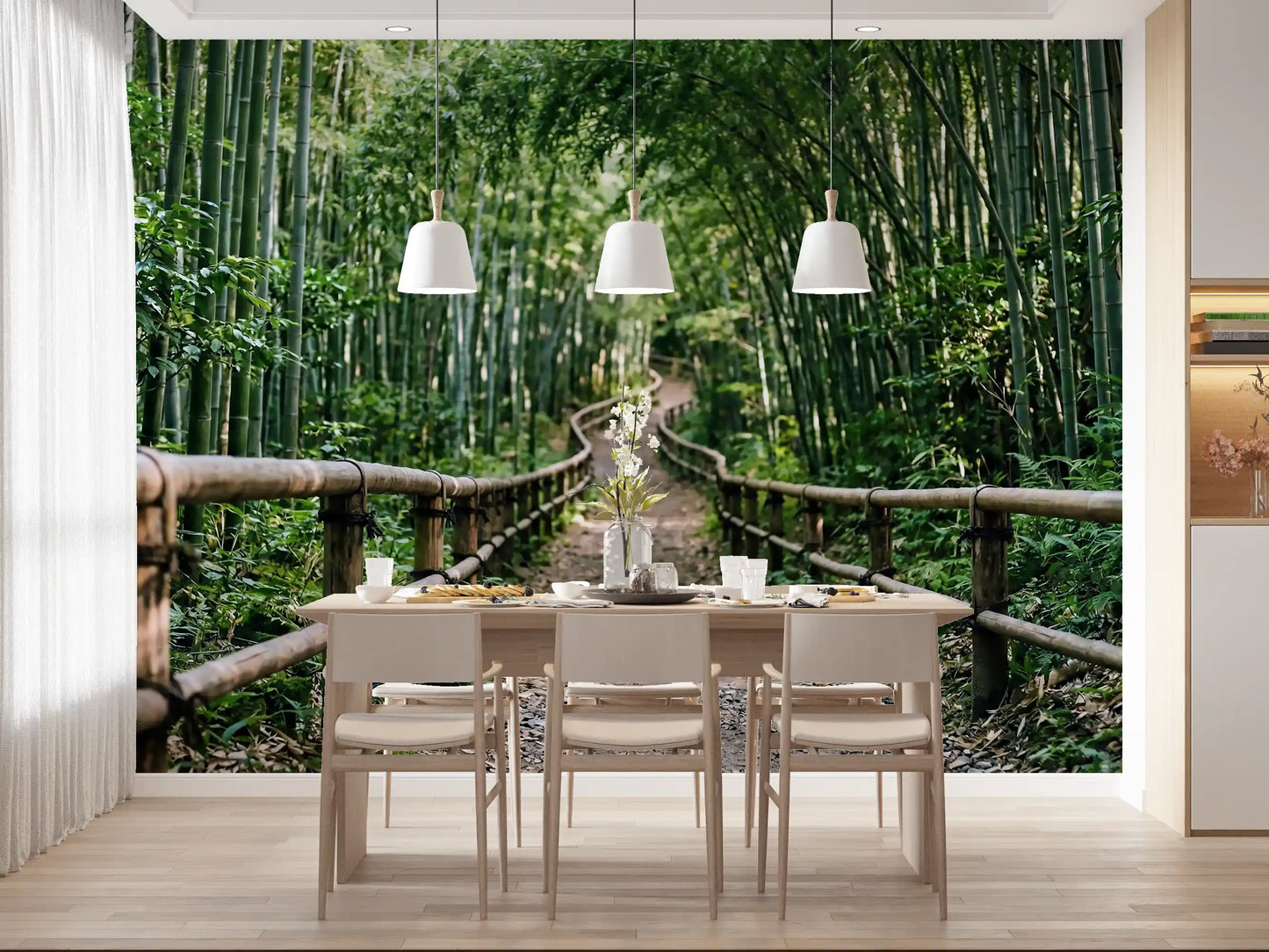 Dining room hushes with this peaceful bamboo forest path wall mural.