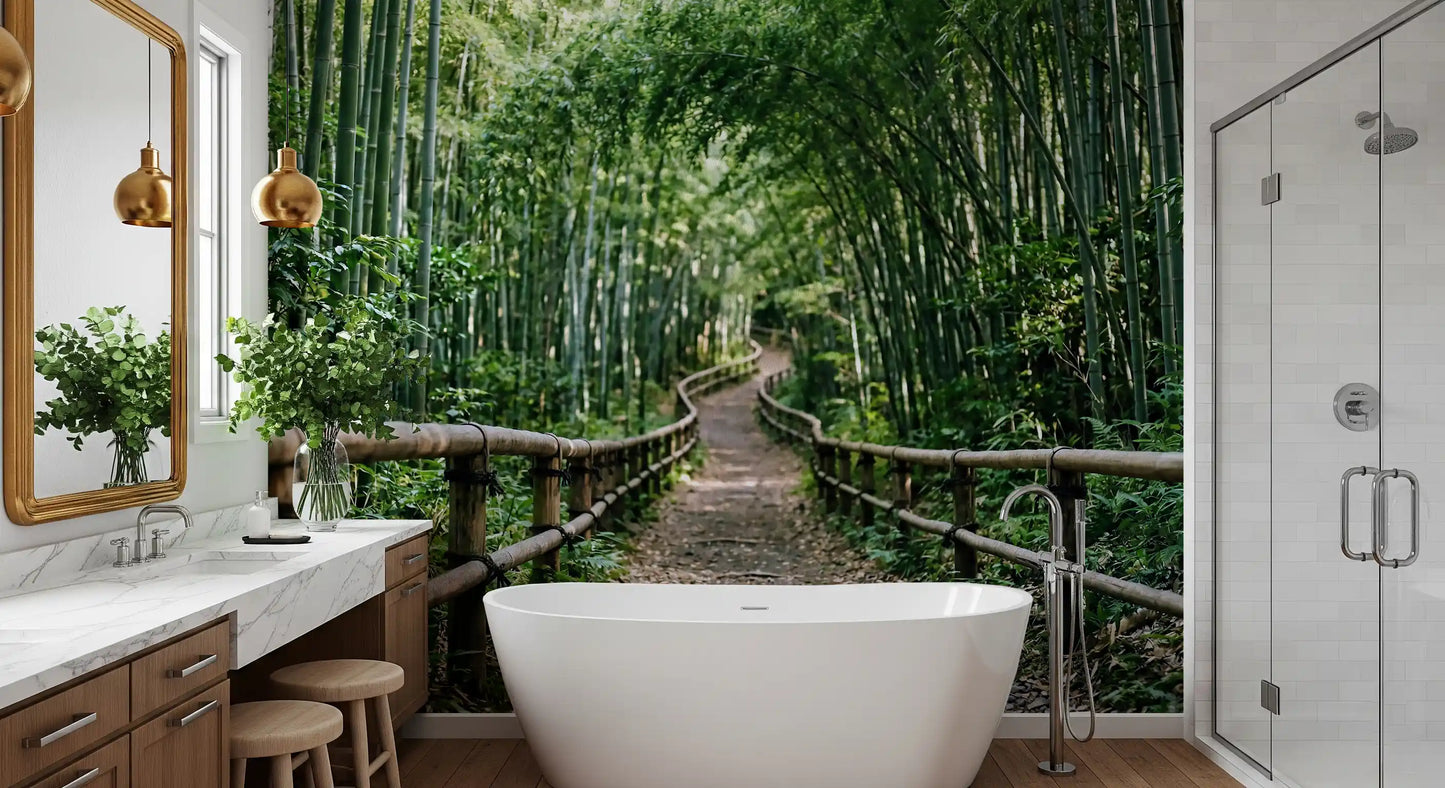 Sun filters through the leafy bamboo canopy on this nature wall mural.