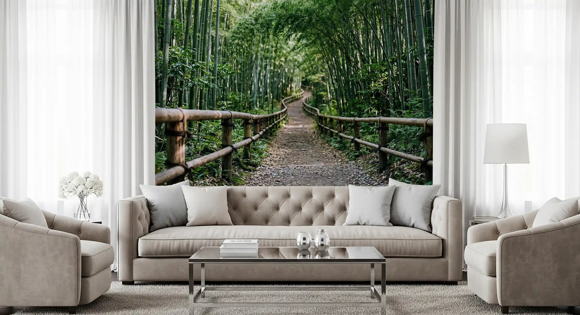 Lush bamboo greens unwind a Living room mood with this restful wall mural.
