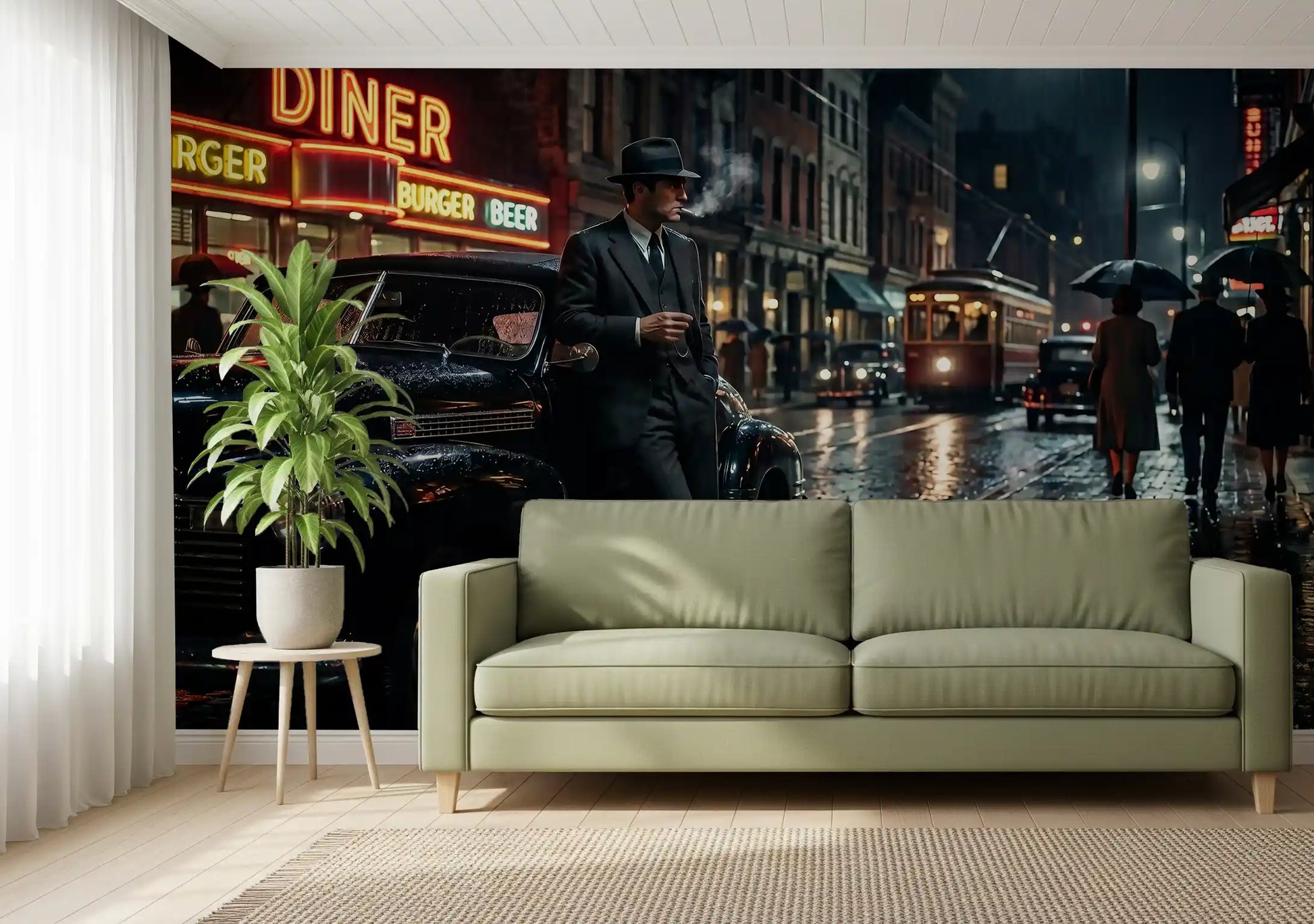 Living room deepens with cinematic noir scenes in this rainy city wall mural.
