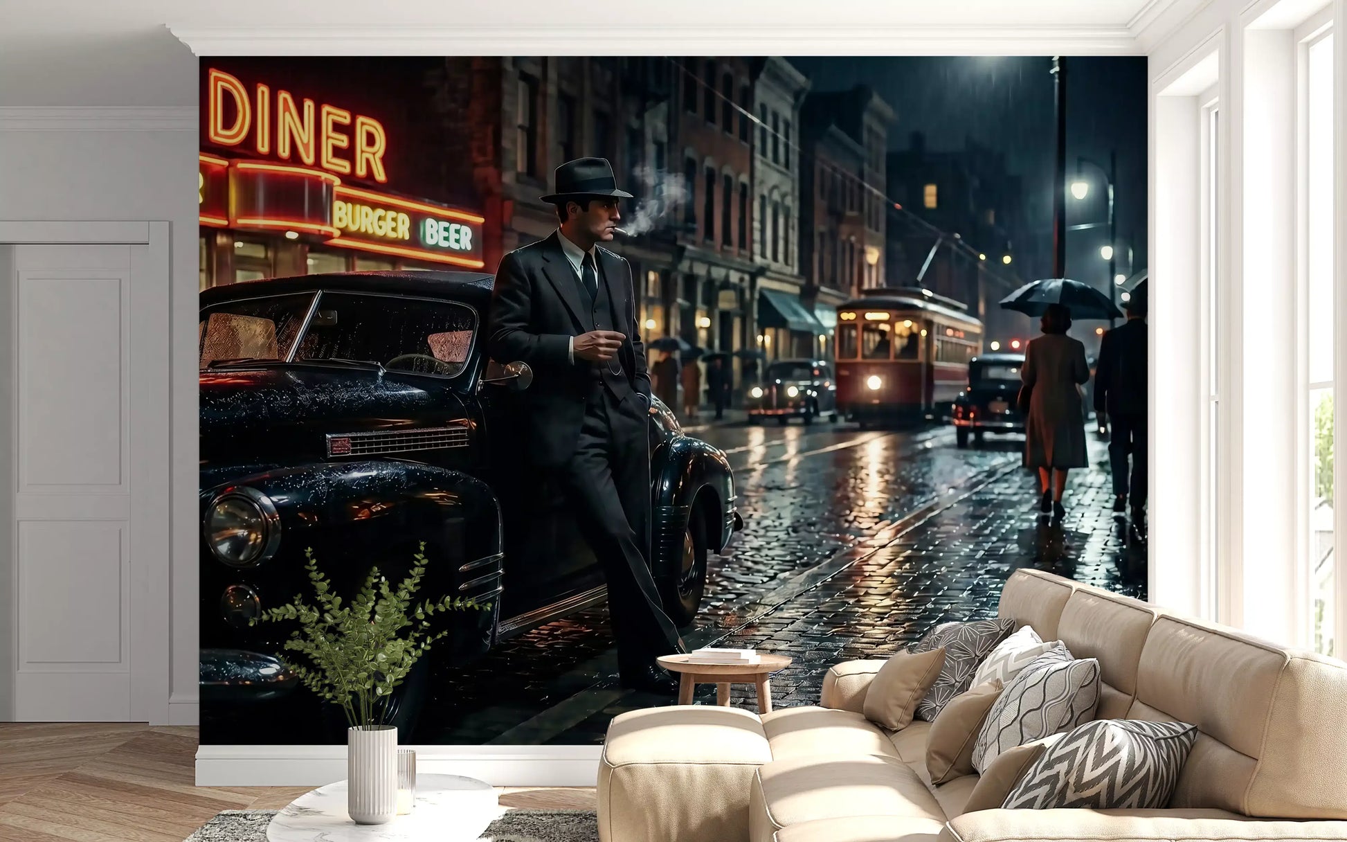 Hallway space steals attention with this rainy noir city wall mural.