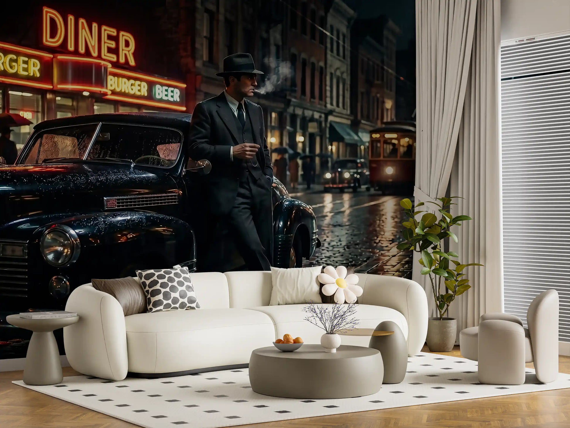 Rainy night city wall mural with a man in suit and fedora beside a vintage car.