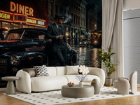 Rainy night city wall mural with a man in suit and fedora beside a vintage car.