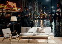 A noir city scene draws focus in a living room with this rainy wall mural.