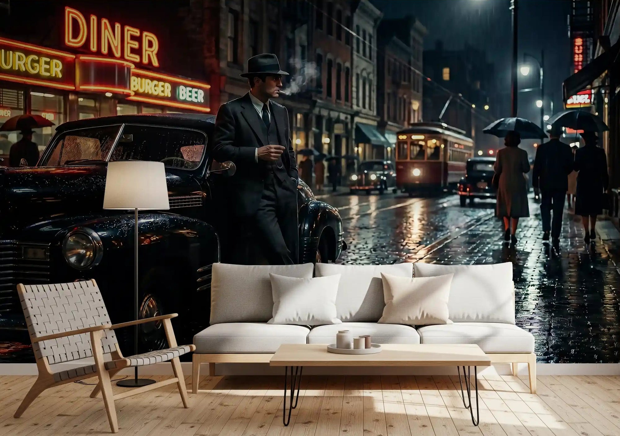 A noir city scene draws focus in a living room with this rainy wall mural., GD9649