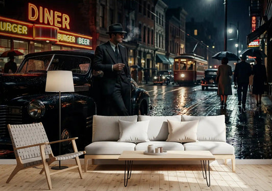 A noir city scene draws focus in a living room with this rainy wall mural.