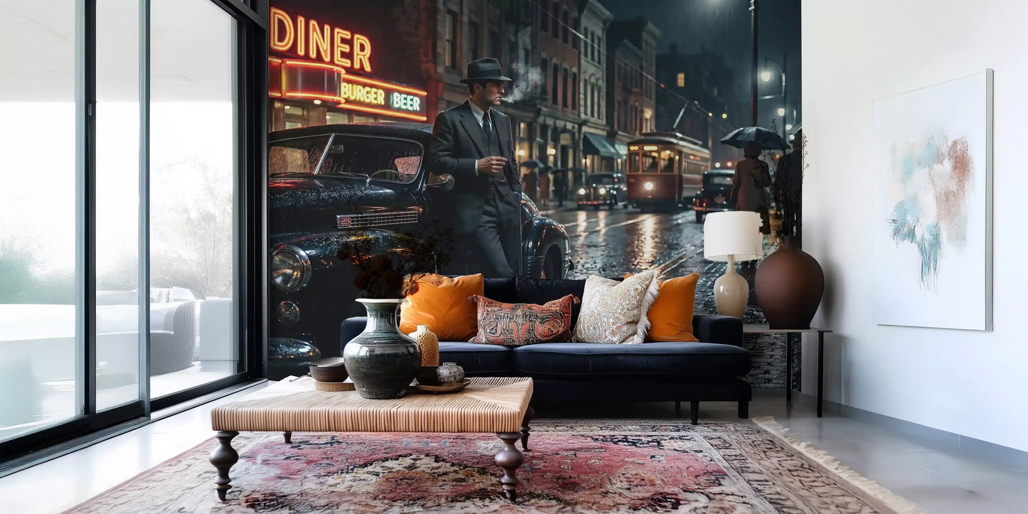 A vintage tram and umbrella-carrying figures populate the backdrop of this wall mural.