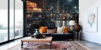 A vintage tram and umbrella-carrying figures populate the backdrop of this wall mural.