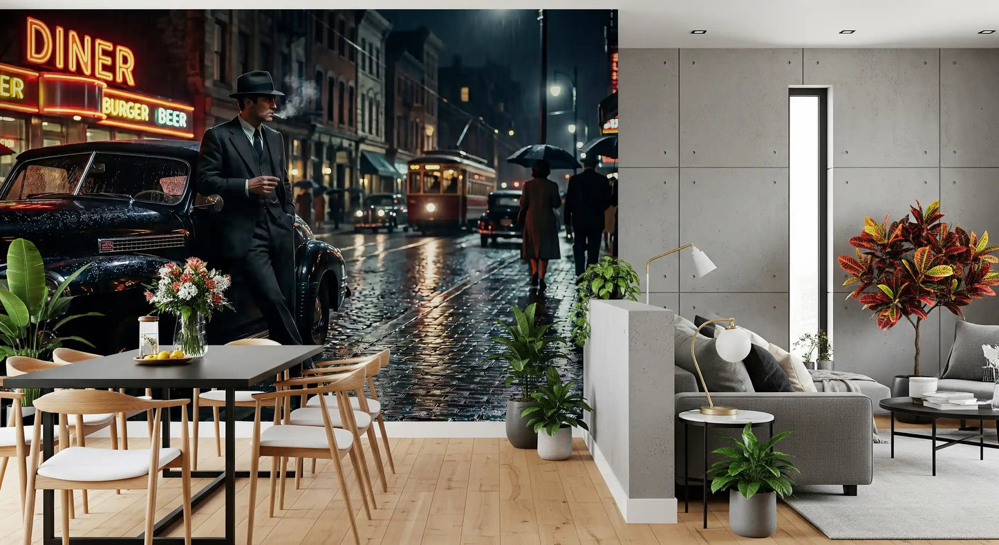 Neon-lit streets reshape a dining room with this rainy noir wall mural.