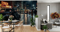 Neon-lit streets reshape a dining room with this rainy noir wall mural.