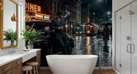 Moody street lighting reflects off cobblestones in this noir city wall mural.