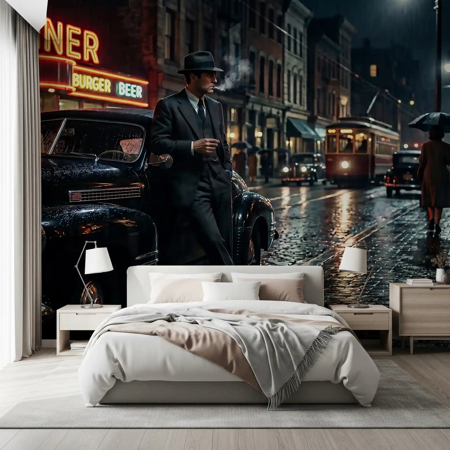 Vintage city storytelling commands a Bedroom with this dramatic noir wall mural.