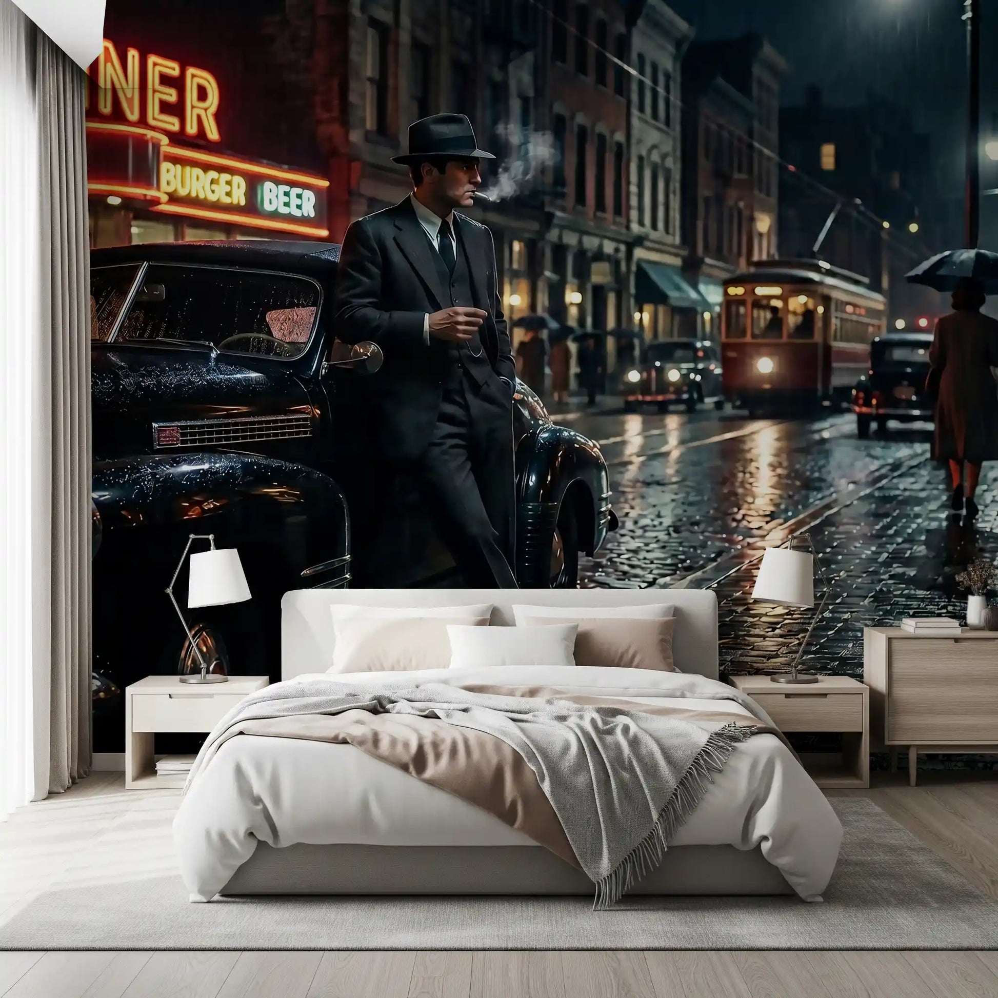 Vintage city storytelling commands a Bedroom with this dramatic noir wall mural.