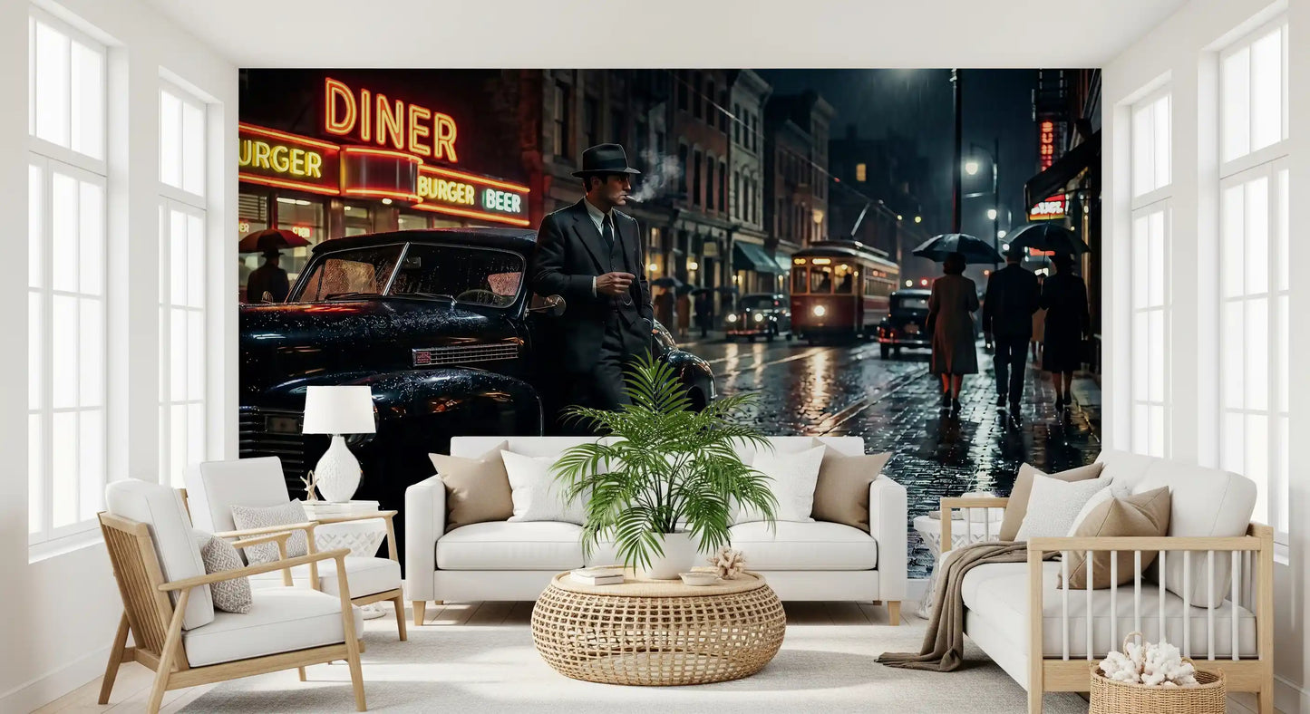 A rainy city night takes center stage in a living room with this noir wall mural.