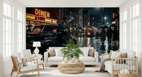 A rainy city night takes center stage in a living room with this noir wall mural.