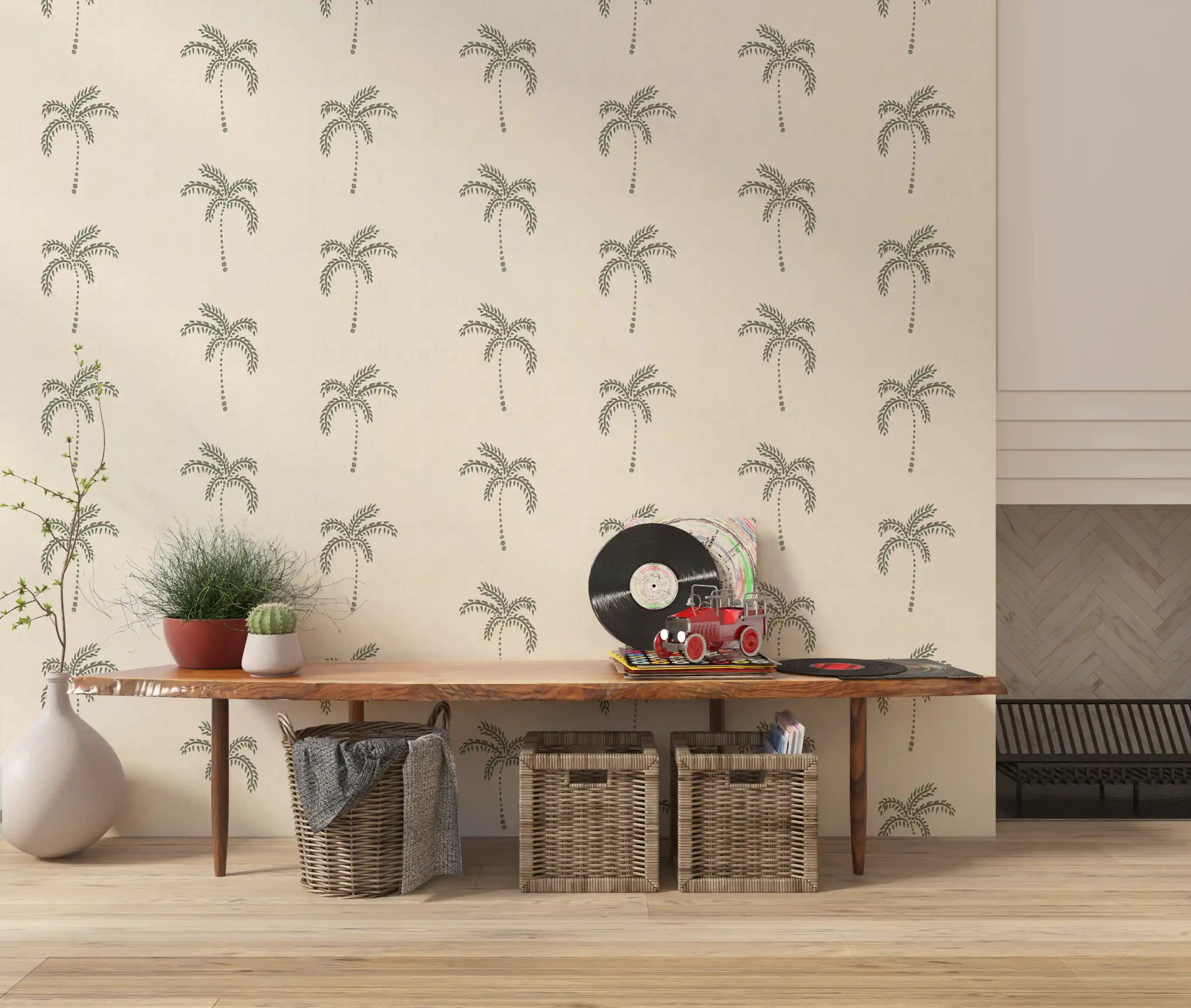 Sparse palm motifs grace a lounge with this minimalist tropical wallpaper.