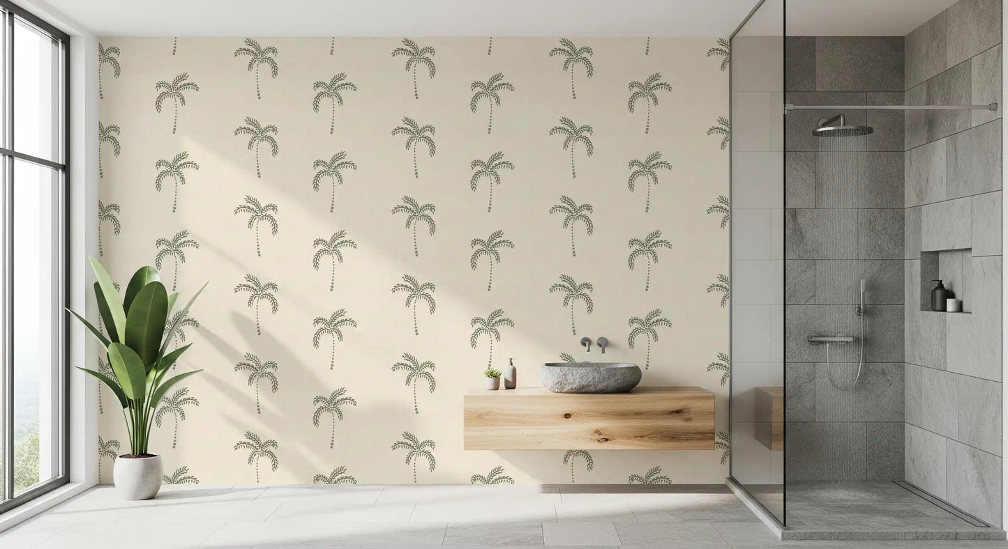 Sparse palm motifs grace a Bathroom with this minimalist tropical wallpaper.