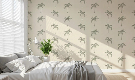 Floating sage palms quiet a bedroom space with this tropical wallpaper.
