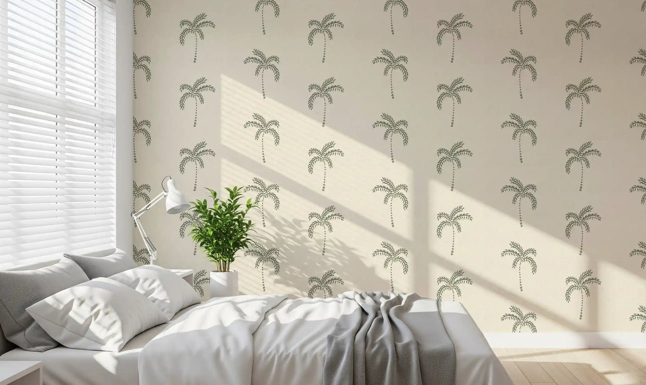 Floating sage palms quiet a bedroom space with this tropical wallpaper.