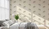 Floating sage palms quiet a bedroom space with this tropical wallpaper.
