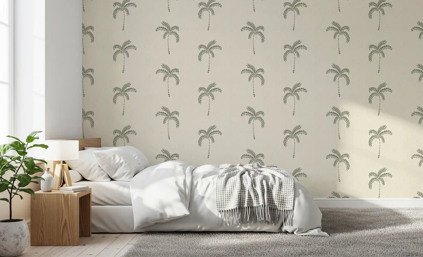Bare sage palms cool a Bedroom with this minimalist tropical wallpaper.
