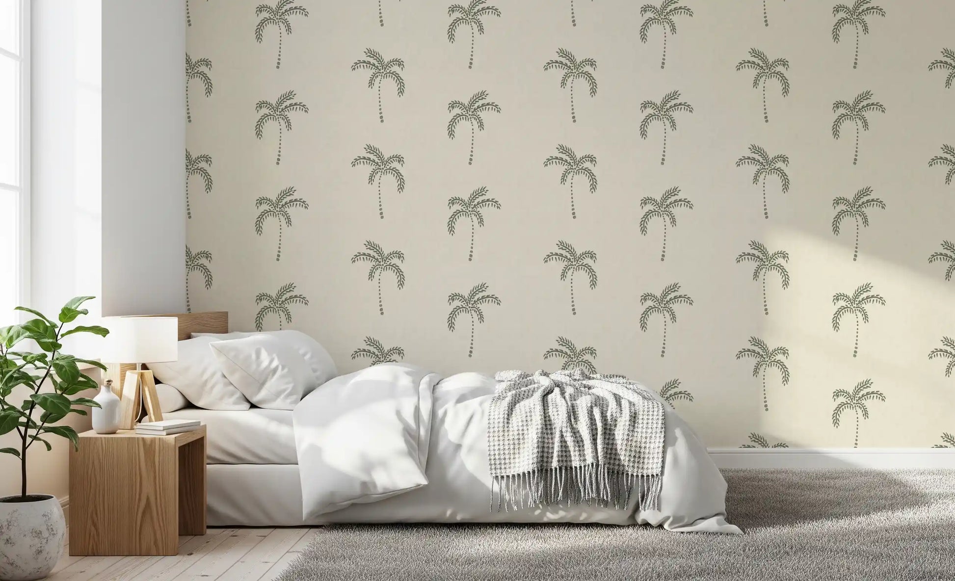 Bare sage palms cool a Bedroom with this minimalist tropical wallpaper.