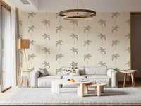Sage palm trees dot a cream-toned tropical wallpaper canvas.