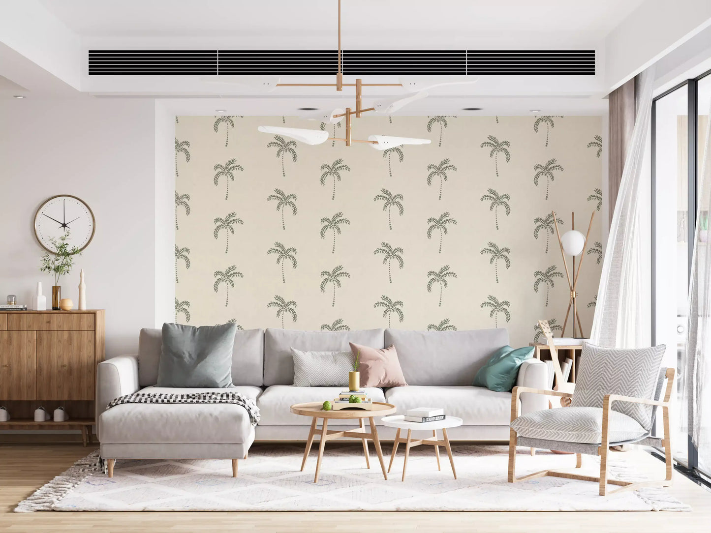 Sage palm patterns charm a Living room space with this tropical wallpaper.