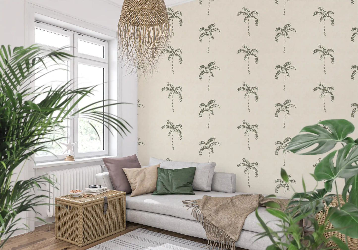 Loose brushwork outlines each palm motif on this minimalist sage tropical wallpaper.