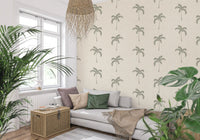 Loose brushwork outlines each palm motif on this minimalist sage tropical wallpaper.
