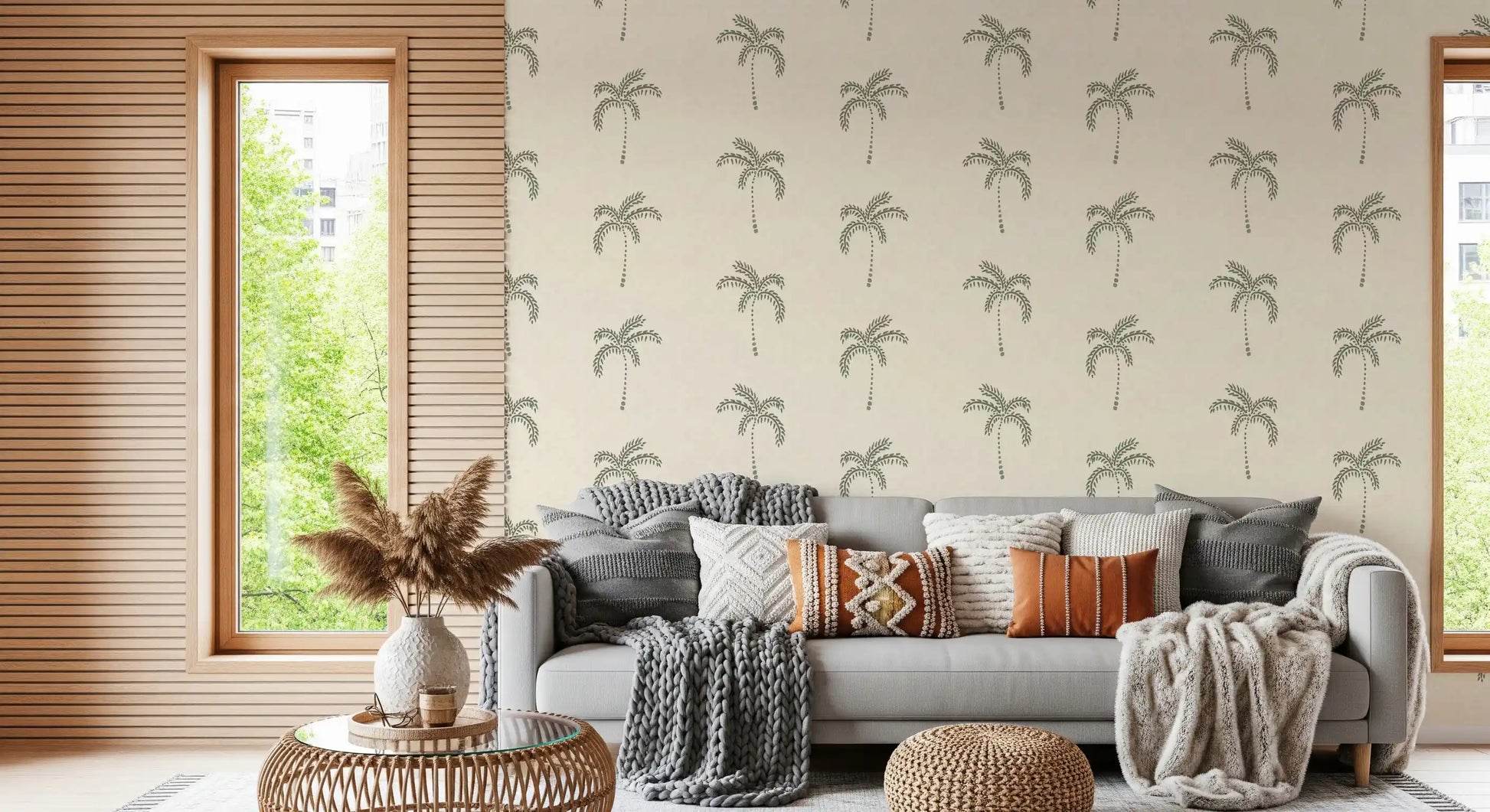 Tropical palm wallpaper invites a relaxed Living room through sage motifs.
