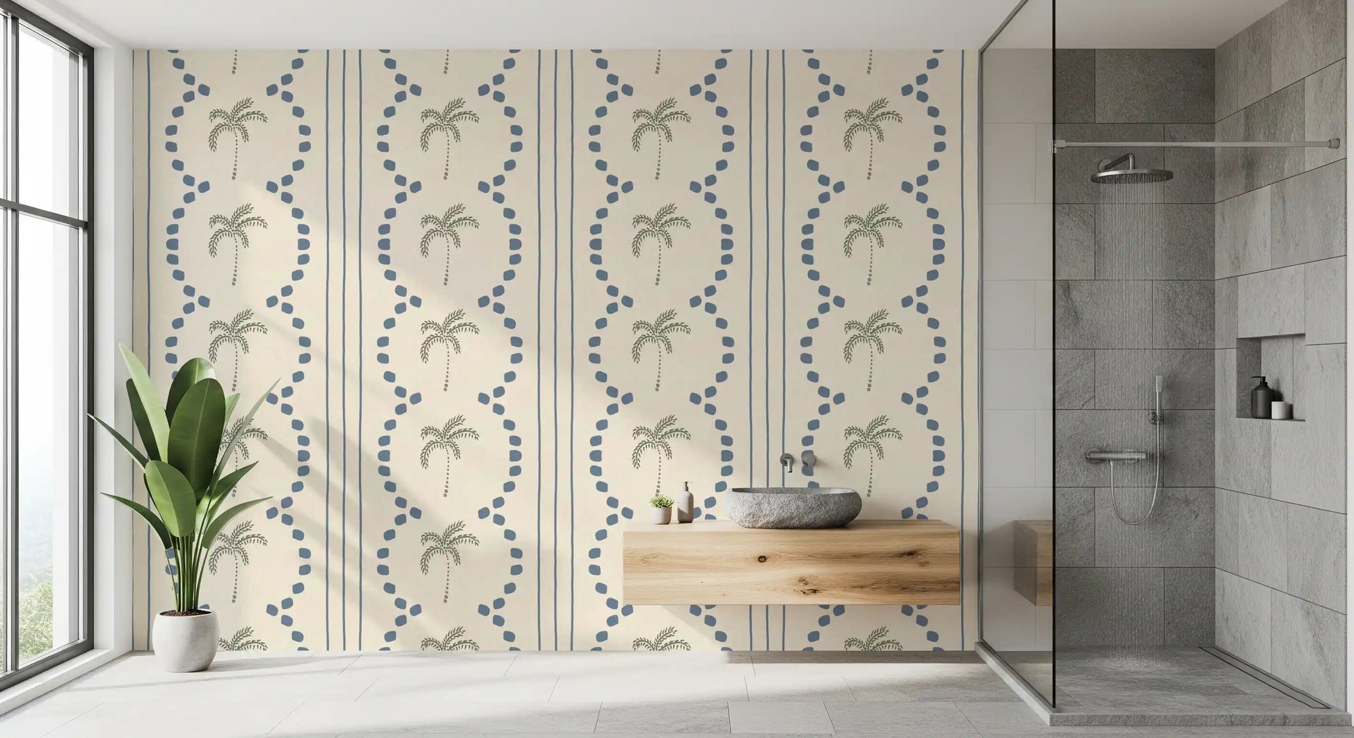 Sage palms and slate blue arcs dress a bathroom with this tropical wallpaper.