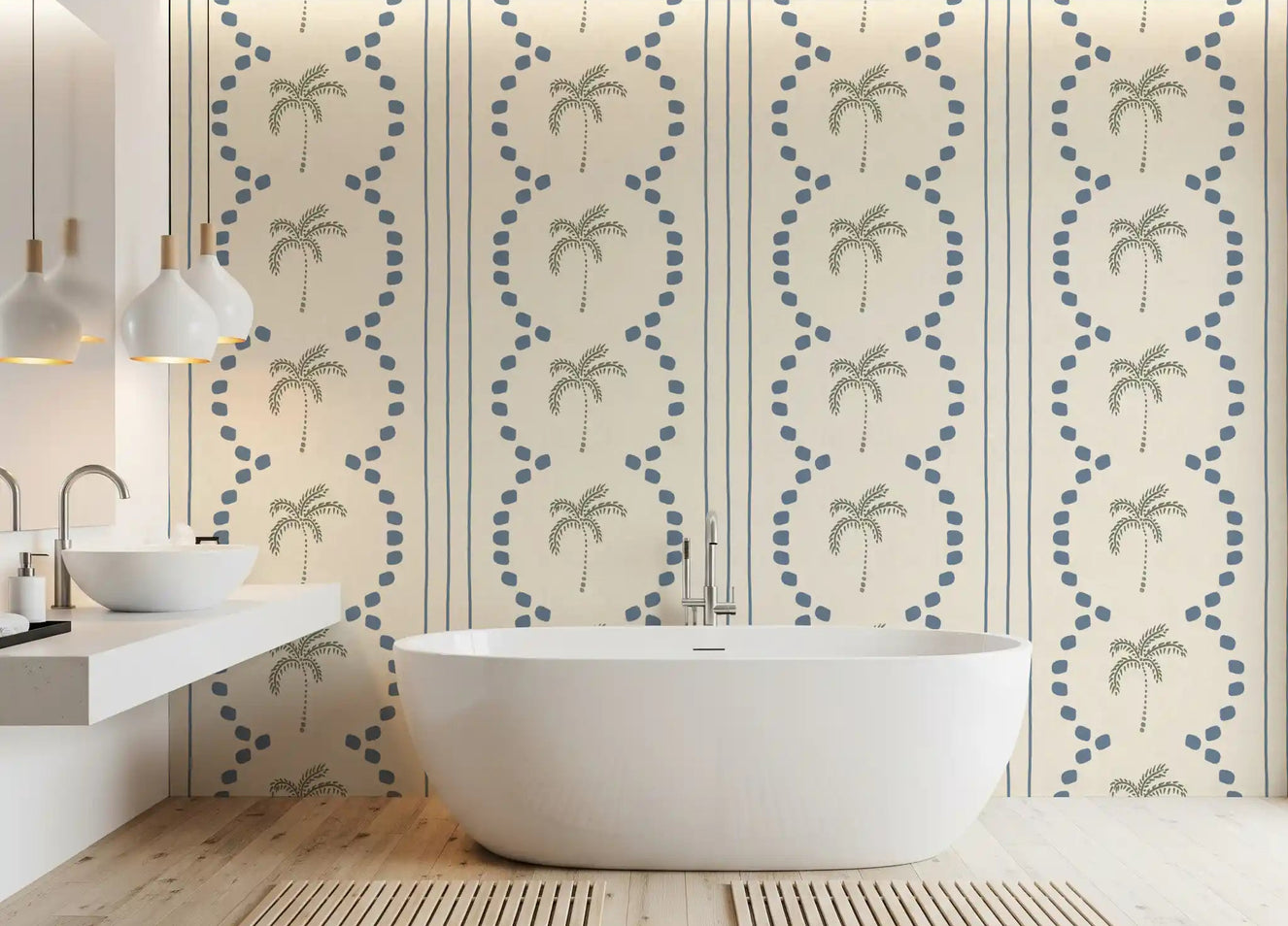 Slate blue palm motifs soothe a bathroom space with this coastal wallpaper.