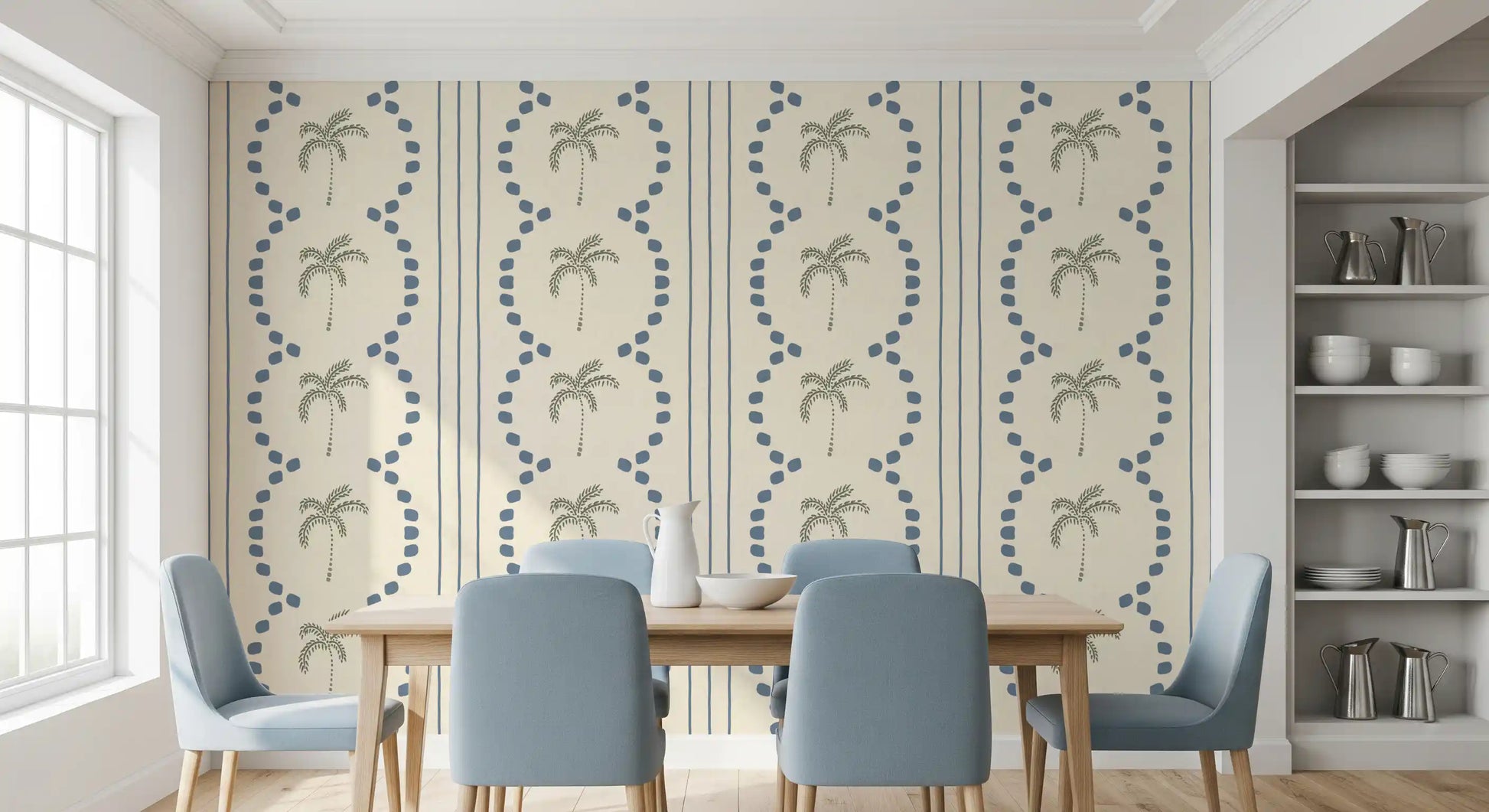 A Dining room entry sparkles with this slate blue palm wallpaper backdrop.