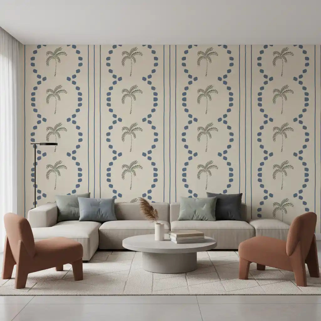 Slate blue stripes and dotted curves accent a tropical palm tree wallpaper sample.