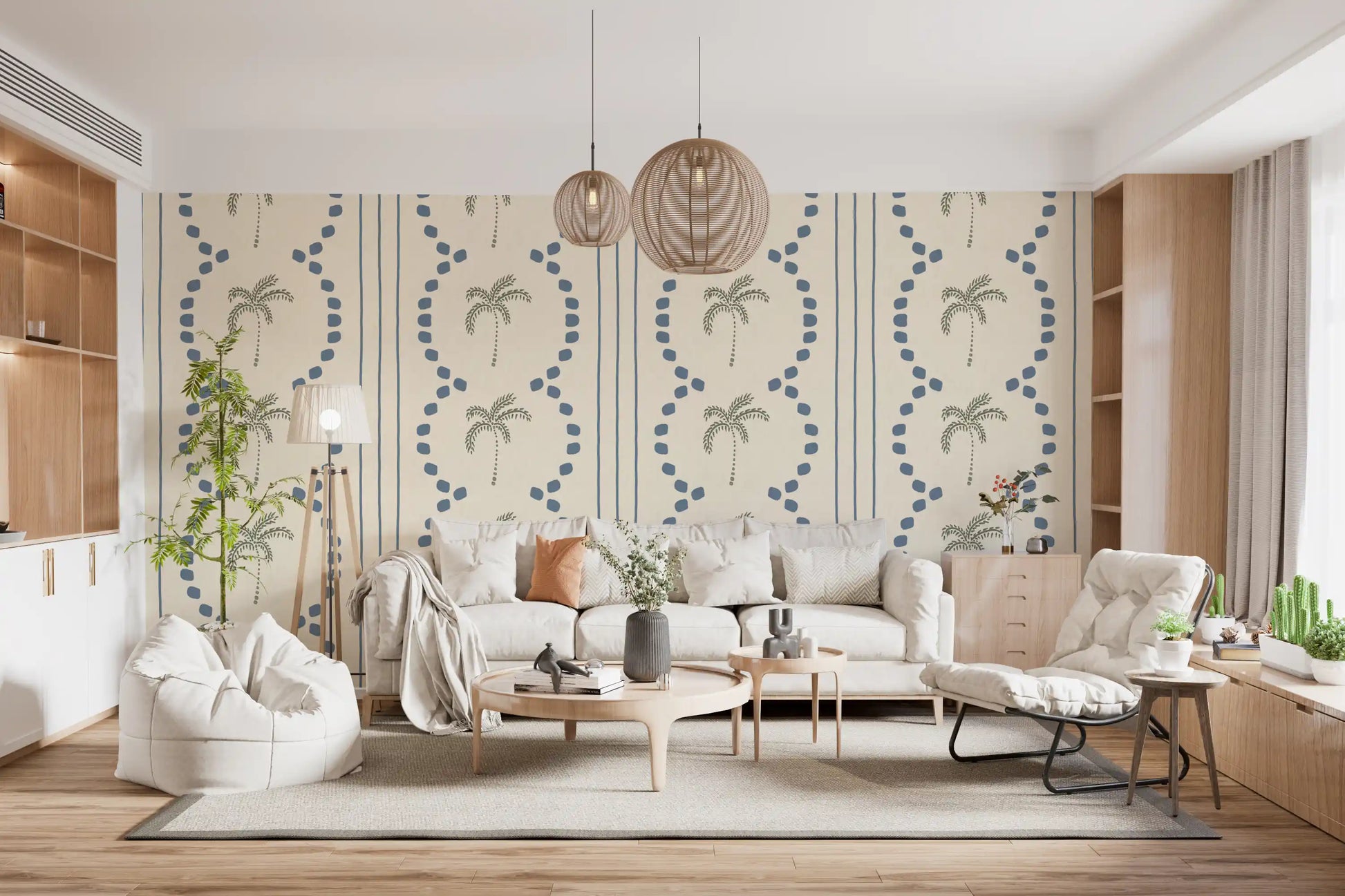 Cream base reveals tall sage palms beside slate blue dot lines on this wallpaper.