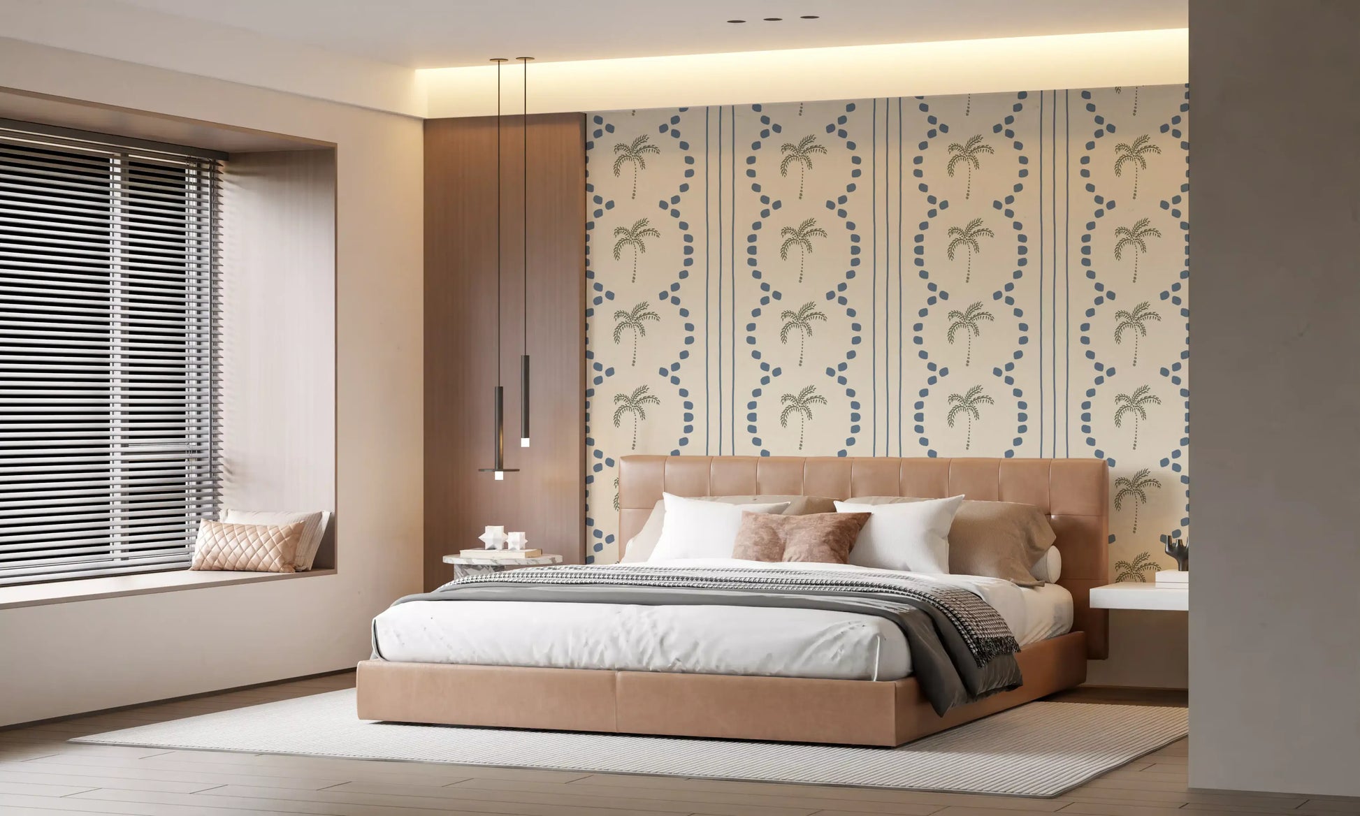 Vertical slate-blue lines style a Bedroom  with tropical palm motifs on wallpaper.