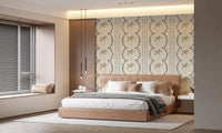 Vertical slate-blue lines style a Bedroom  with tropical palm motifs on wallpaper.