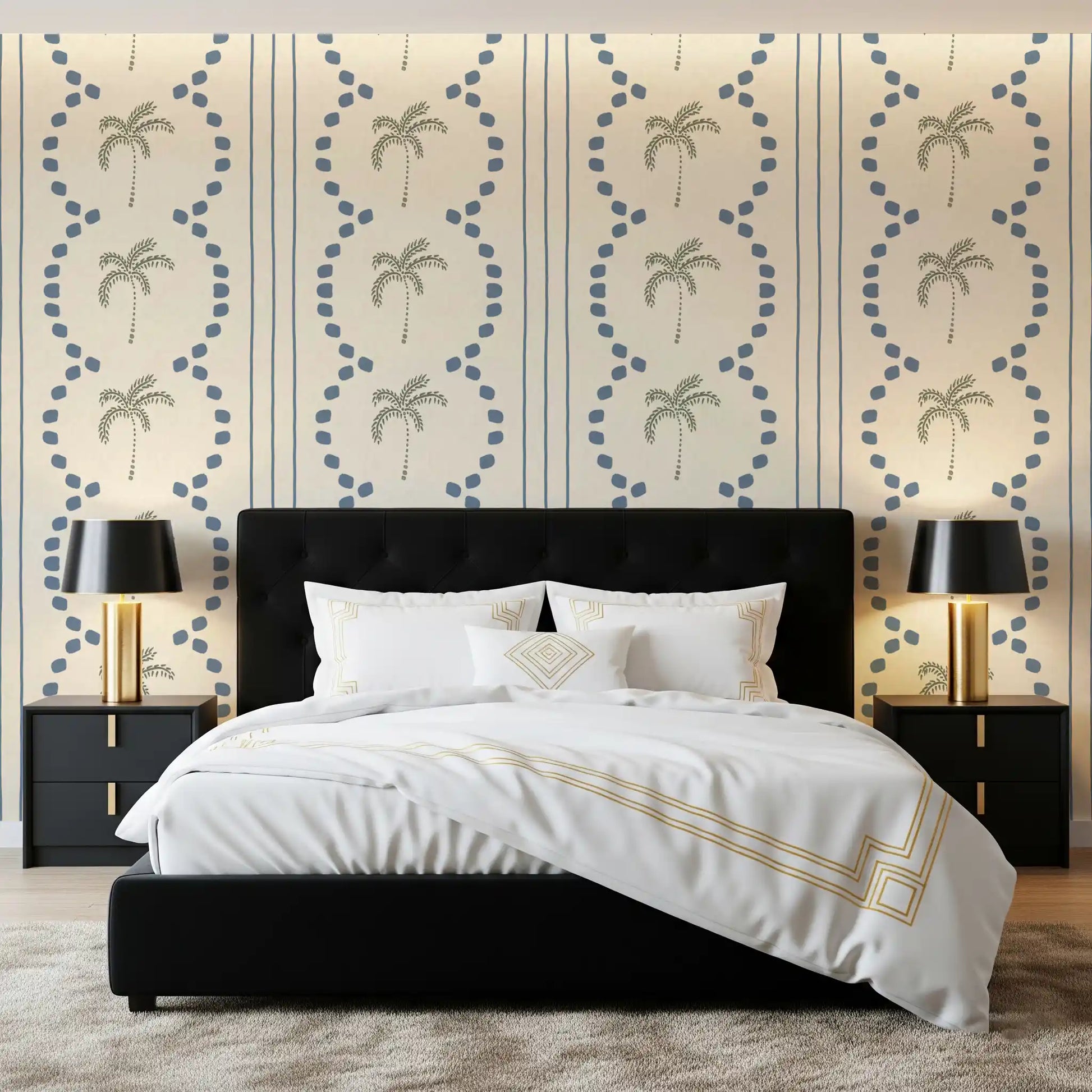 A bedroom welcomes calm vibes from sage palm trees on this slate blue wallpaper.