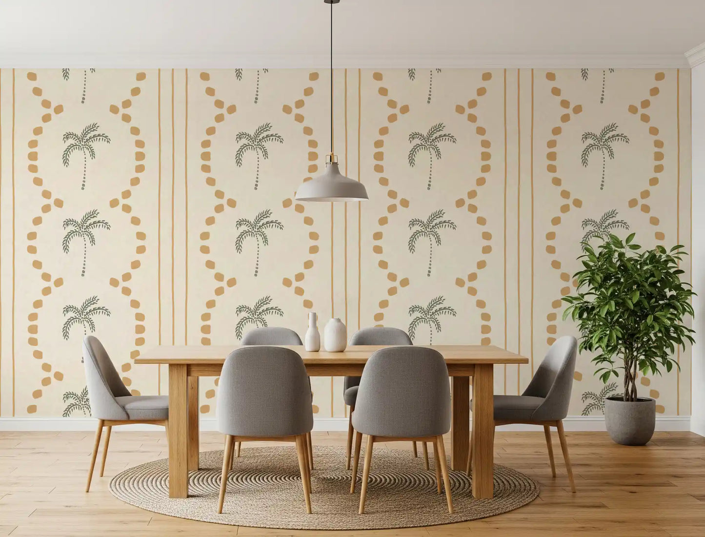 Dining room get a touch of sun with sand stripes and sage palms on this wallpaper., GD9652