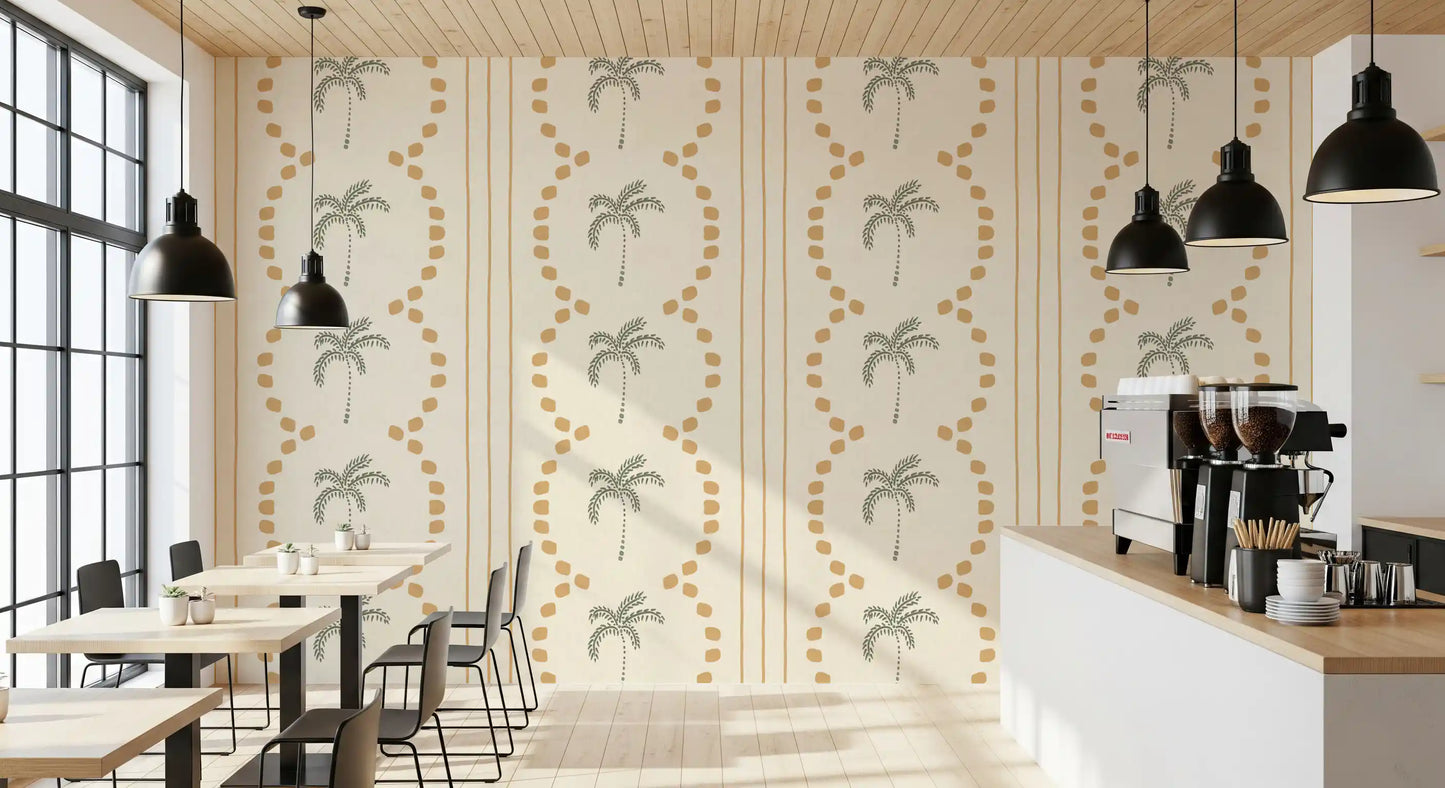 A bright sand-and-sage palette plays through this palm wallpaper pattern., GD9652