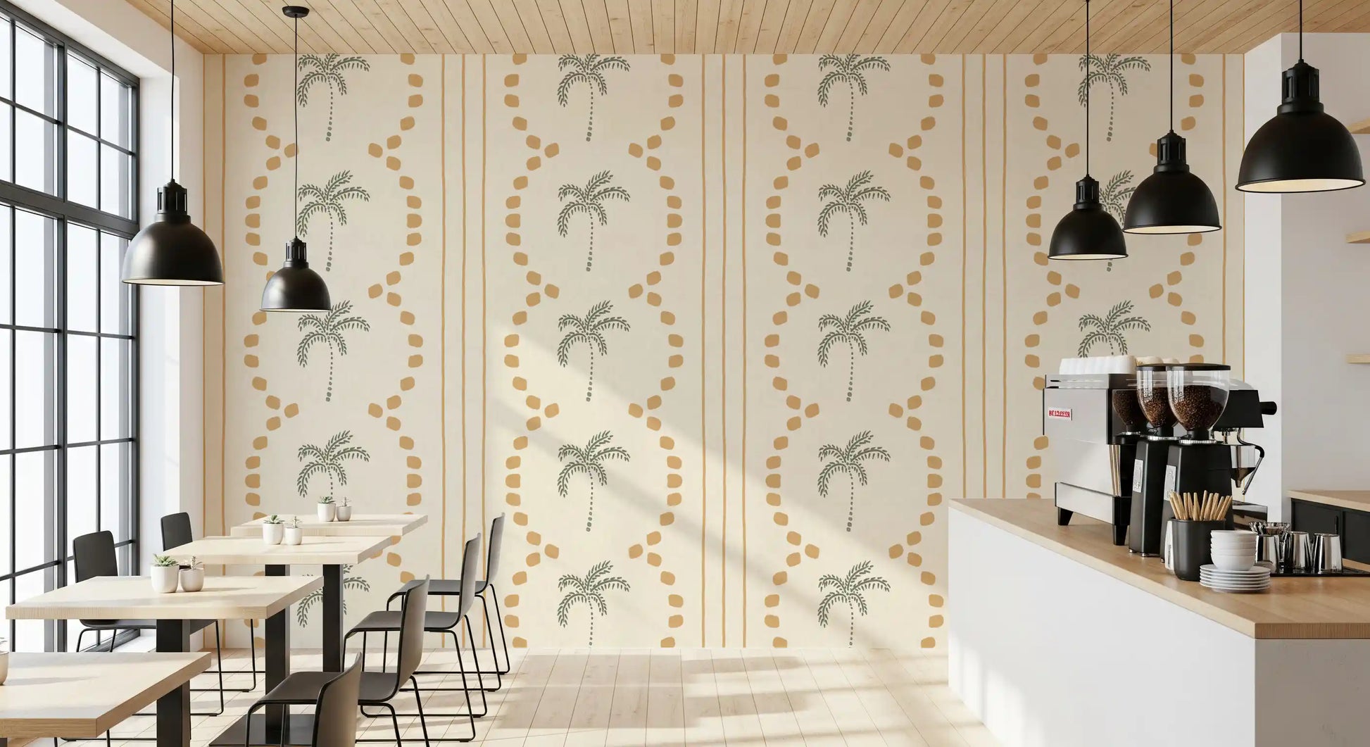A bright sand-and-sage palette plays through this palm wallpaper pattern., GD9652