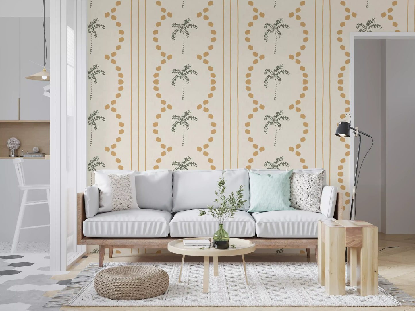 Sage palms and sand stripes lend a living room warm tropical glow on this wallpaper., GD9652