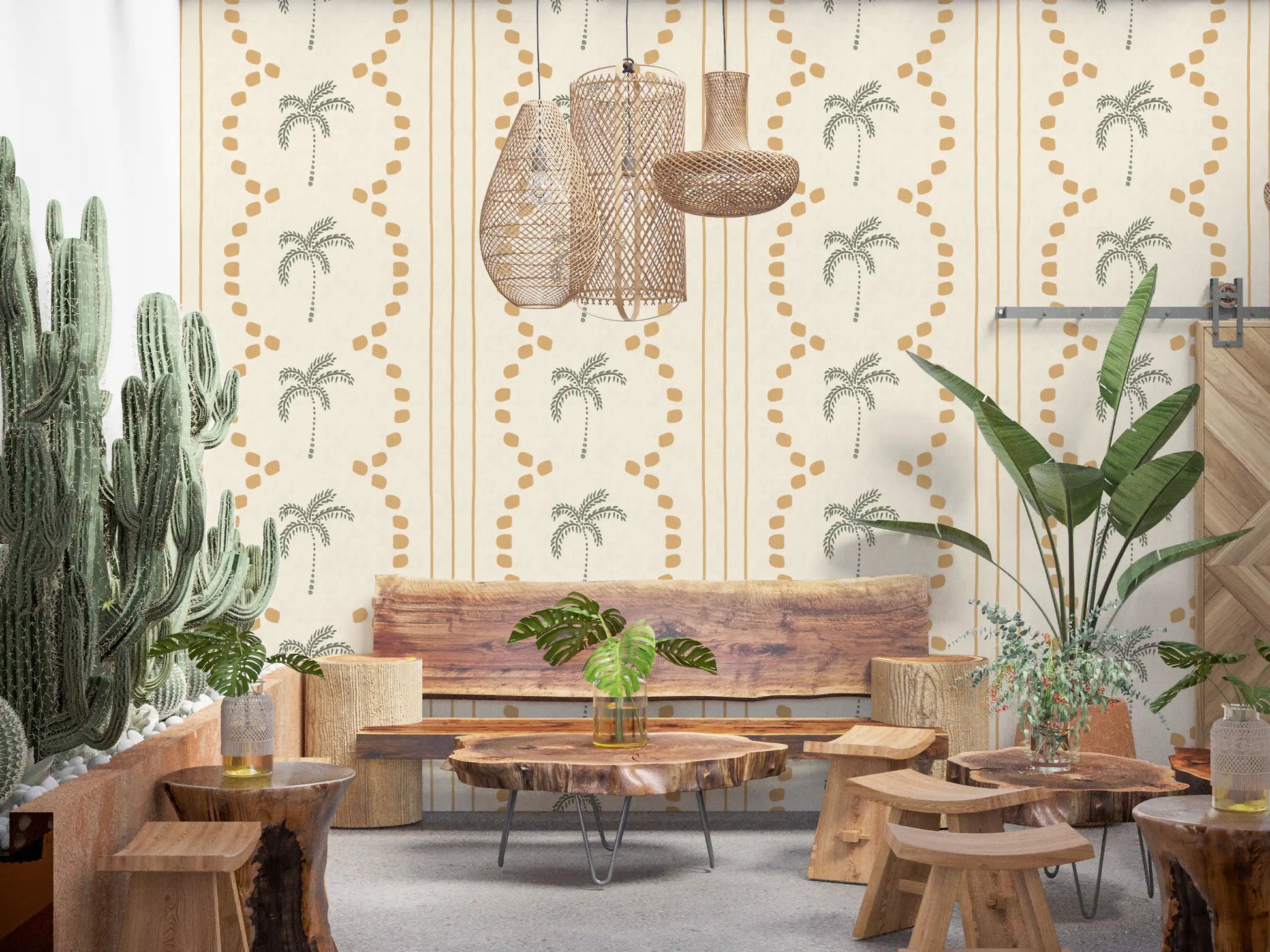 Yellow-sand stripes pair with sage palm trees on a tropical wallpaper repeat., GD9652