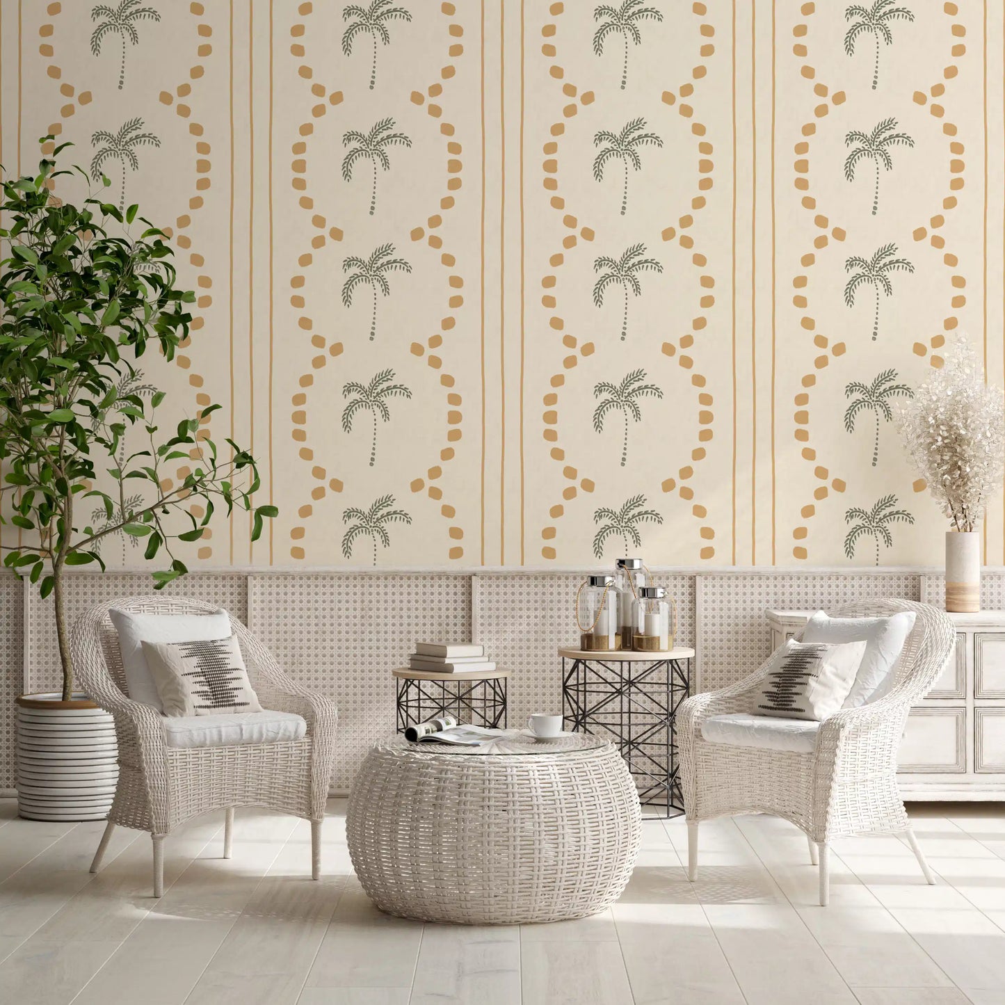 Dining room ambience grows tropical with sand stripes and sage palms on wallpaper., GD9652