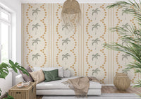 Lounge spaces look bright and tropical with sage palms on this sand-toned wallpaper., GD9652