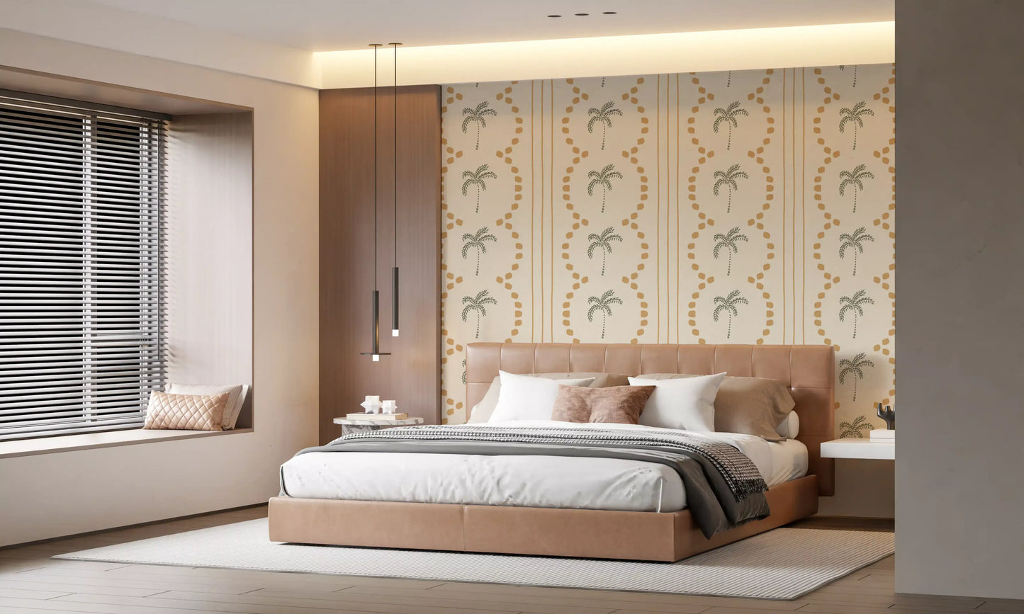 Tropical palm tree wallpaper styled with mustard-yellow stripes and dotted arches., GD9652